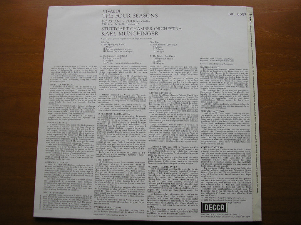 SXL 6557 VIVALDI: THE FOUR SEASONS KULKA / STUTTGART CHAMBER ORCHESTRA / MUNCHINGER