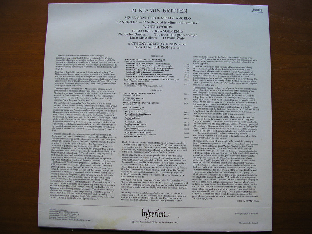BRITTEN: MICHELANGELO SONNETS / WINTER WORDS / FOUR FOLK SONGS      ROLFE JOHNSON / GRAHAM JOHNSON      A66209