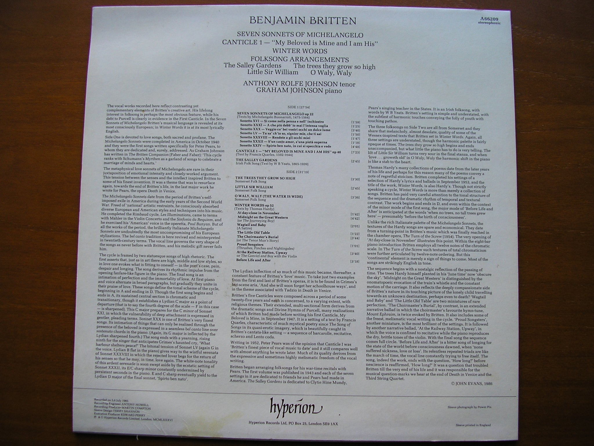 BRITTEN: MICHELANGELO SONNETS / WINTER WORDS / FOUR FOLK SONGS      ROLFE JOHNSON / GRAHAM JOHNSON      A66209