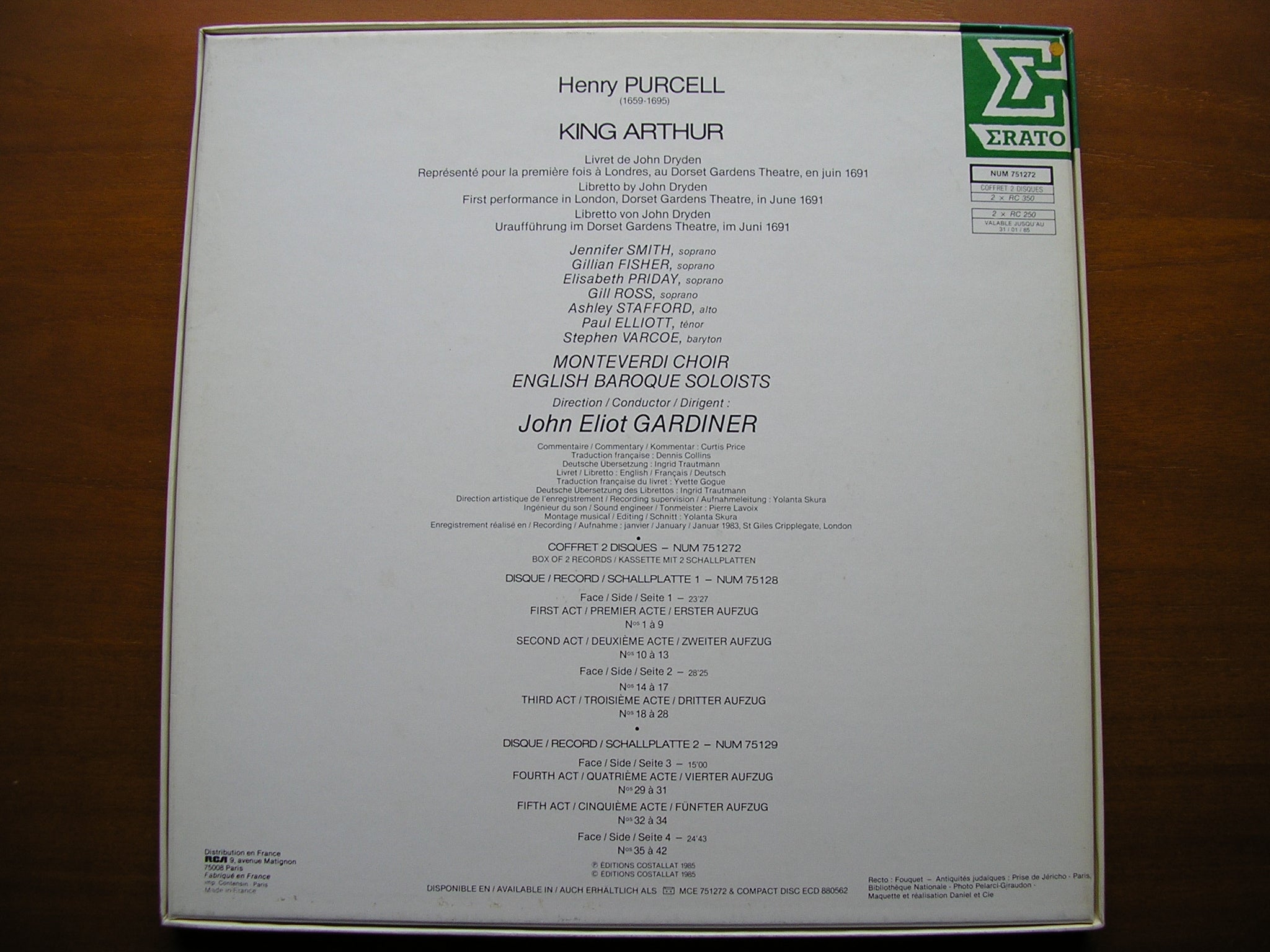 PURCELL: KING ARTHUR  (1691)      SOLOISTS / ENGLISH BAROQUE SOLOISTS / GARDINER    2LP      NUM 751272