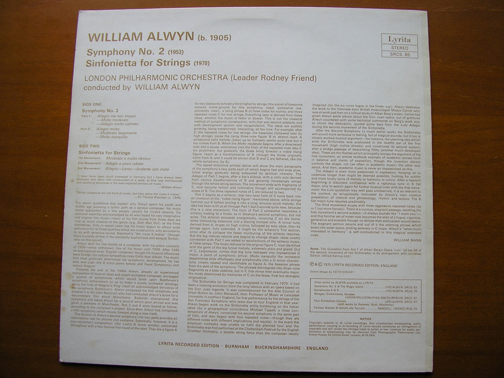 ALWYN: SYMPHONY No. 2 / SINFONIETTA     ALWYN / LONDON PHILHARMONIC     SRCS 85
