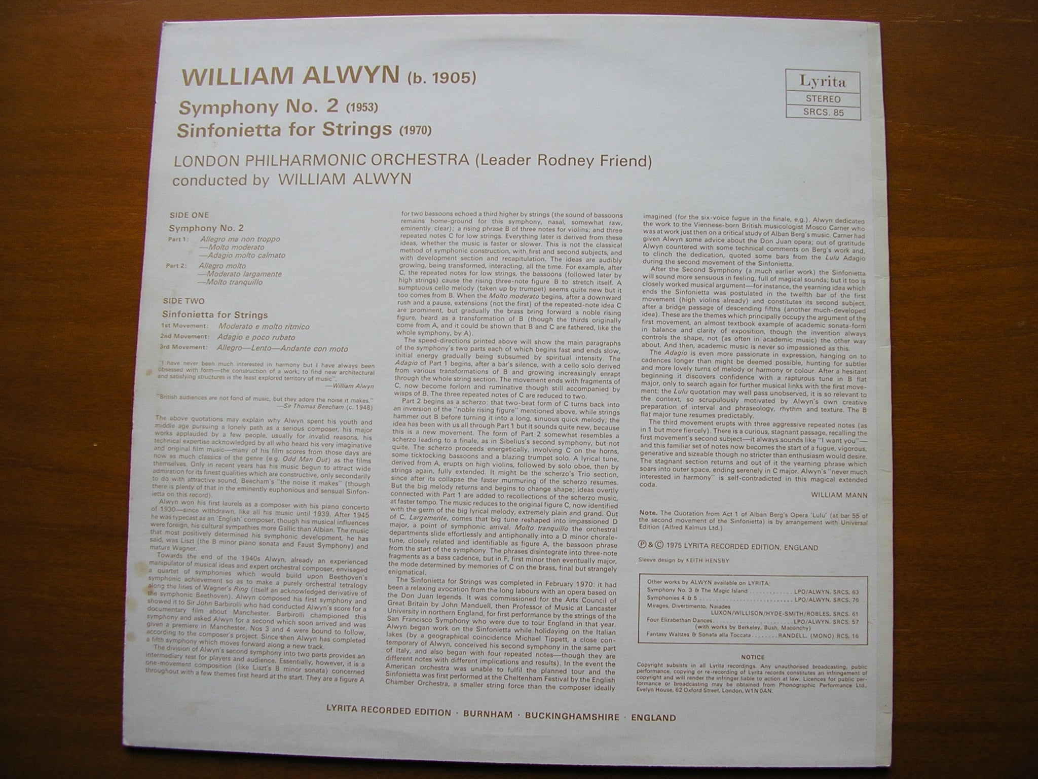 ALWYN: SYMPHONY No. 2 / SINFONIETTA     ALWYN / LONDON PHILHARMONIC     SRCS 85
