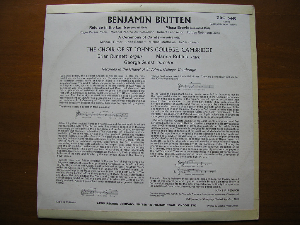 BRITTEN: A CEREMONY OF CAROLS / MISSA BREVIS     SOLOISTS / ST JOHN'S COLLEGE CMBRIDGE / GUEST     ZRG 5440