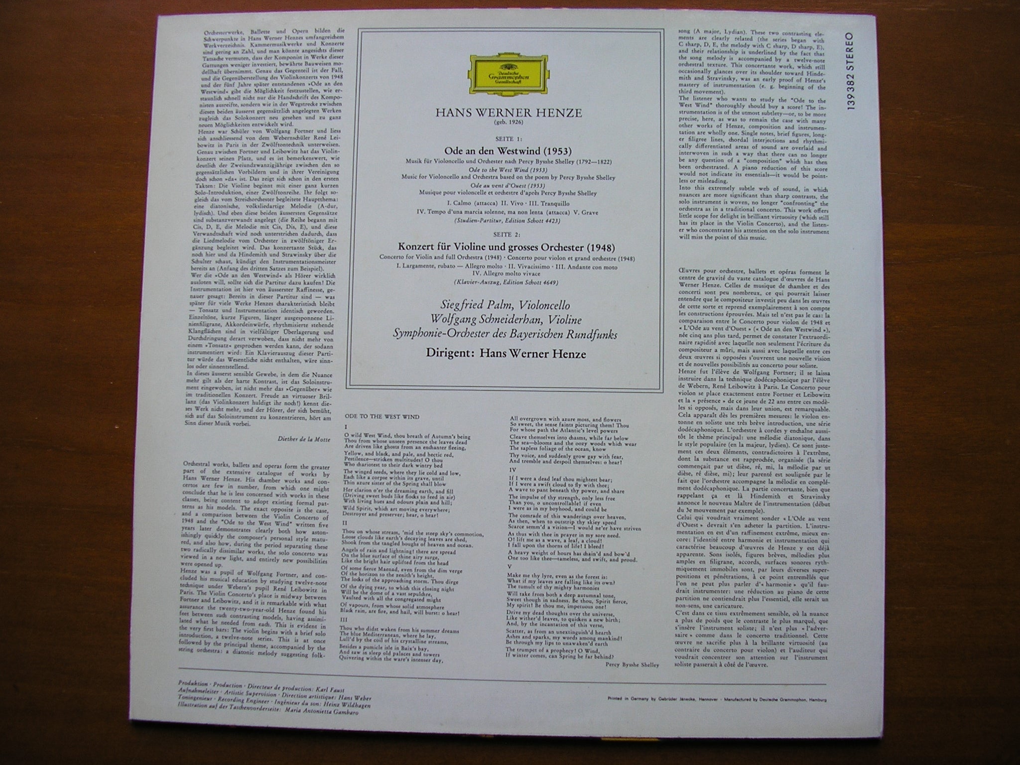 HENZE: ODE TO THE WEST WIND / VIOLIN CONCERTO    PALM / SCHNEIDERHAN / BAVARIAN RADIO SYMPHONY / HENZE     139 382