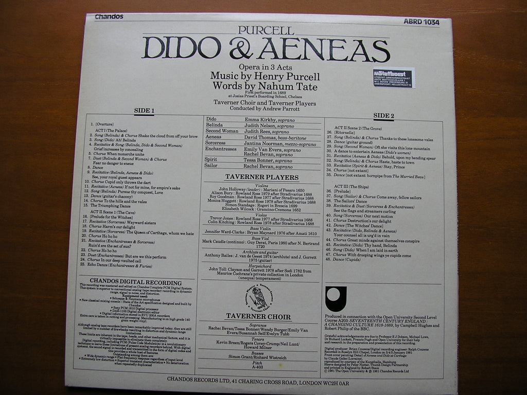 PURCELL: DIDO & AENEAS (1689)      KIRKBY / NELSON / THOMAS / TAVERNER PLAYERS / PARROTT     ABRD 1034