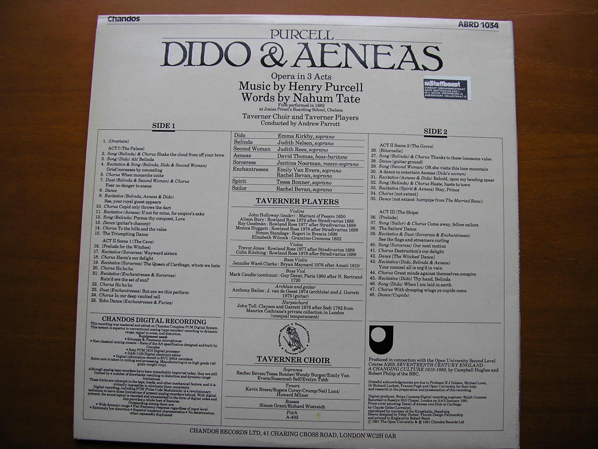 PURCELL: DIDO & AENEAS (1689)      KIRKBY / NELSON / THOMAS / TAVERNER PLAYERS / PARROTT     ABRD 1034