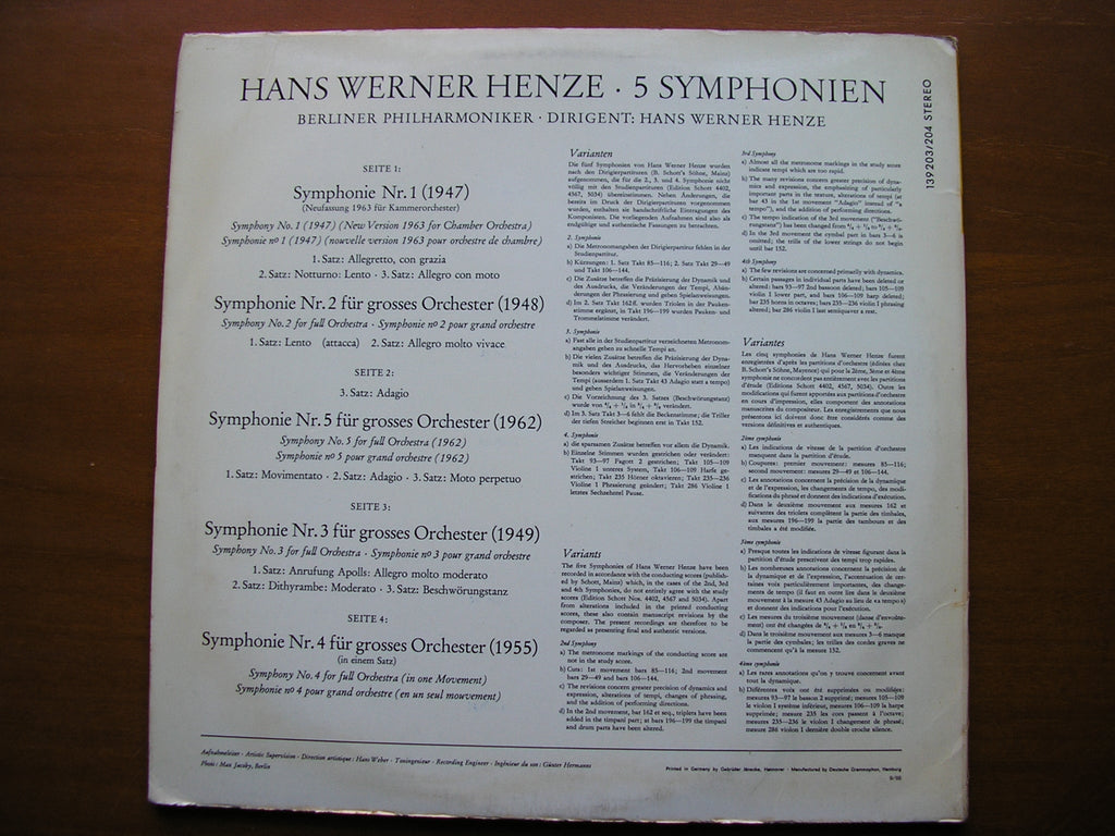 HENZE: FIVE SYMPHONIES     HENZE / BERLIN PHILHARMONIC    2LP      139 203 / 4