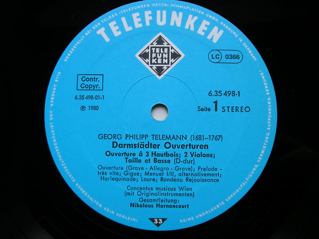 TELEMANN: DARMSTADT OVERTURES      HARNONCOURT / CONCENTUS MUSICUS WIEN    2LP     6.35498