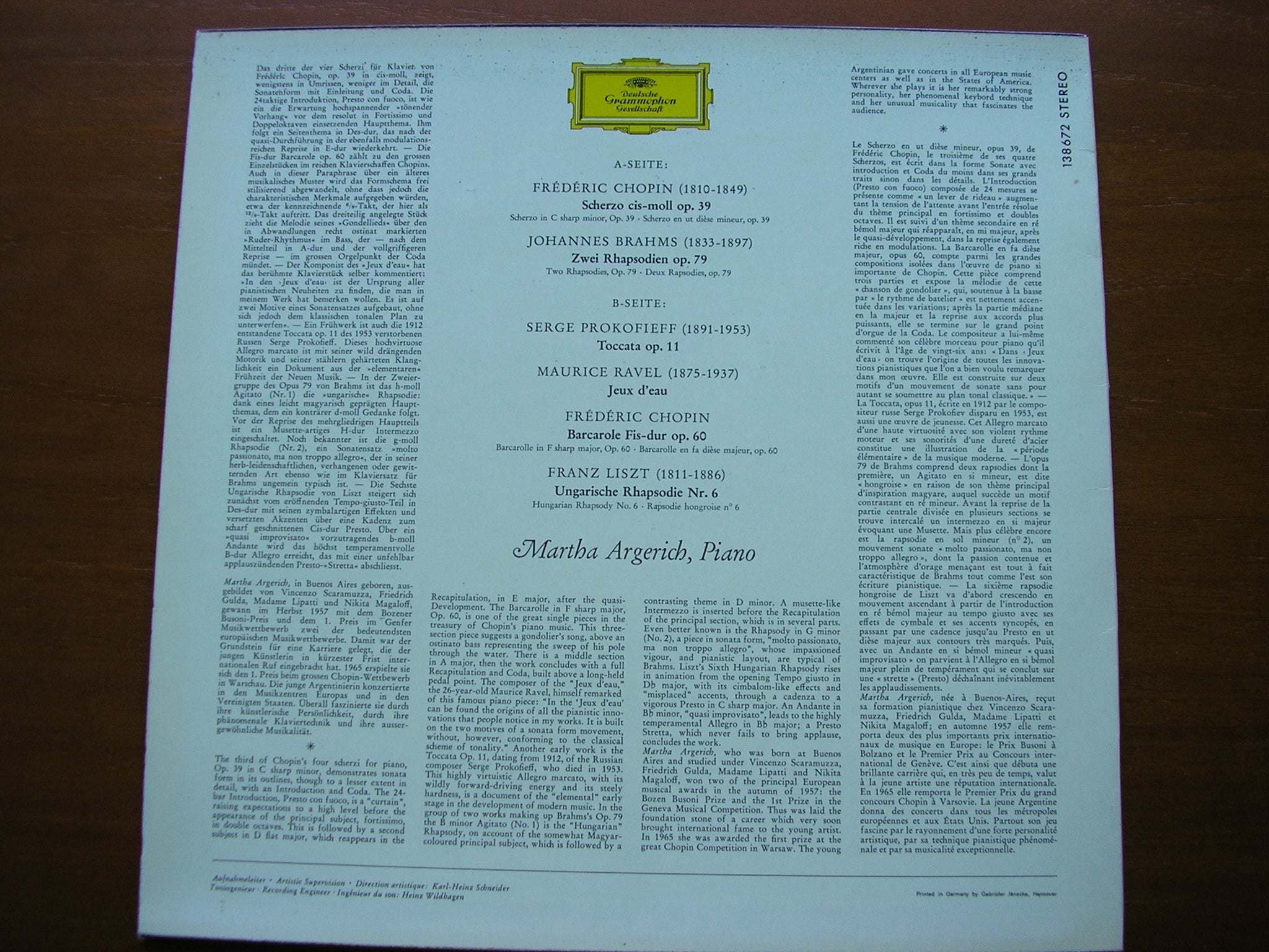 CHOPIN / LISZT / BRAHMS / PROKOFIEV / RAVEL: PIANO WORKS      ARGERICH    138 672