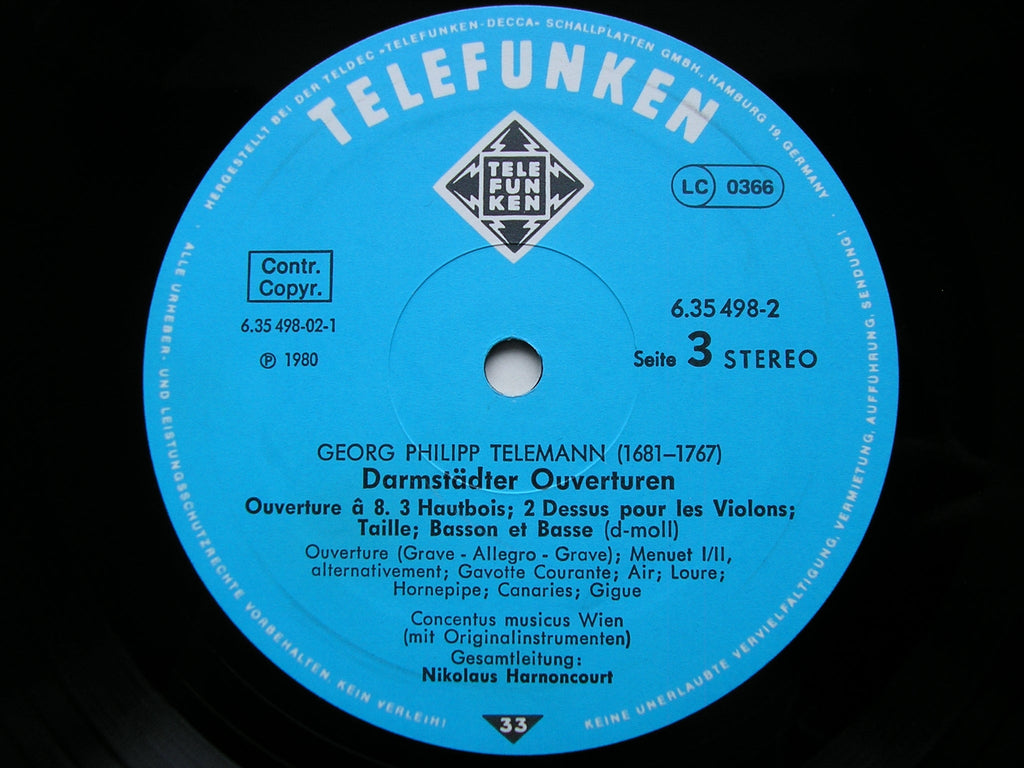 TELEMANN: DARMSTADT OVERTURES      HARNONCOURT / CONCENTUS MUSICUS WIEN    2LP     6.35498