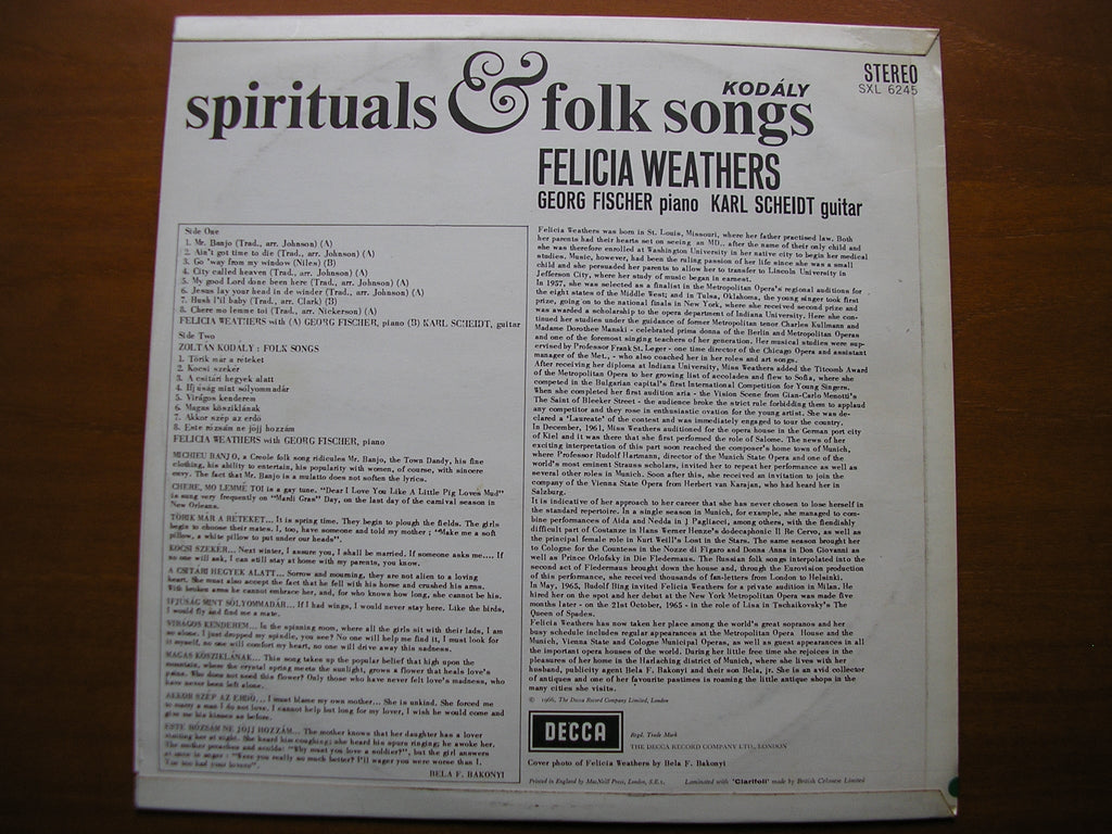 SXL 6245  FELICIA WEATHERS SINGS SPIRITUALS / KODALY: FOLK SONGS    FISCHER / SCHEIDT     ED2