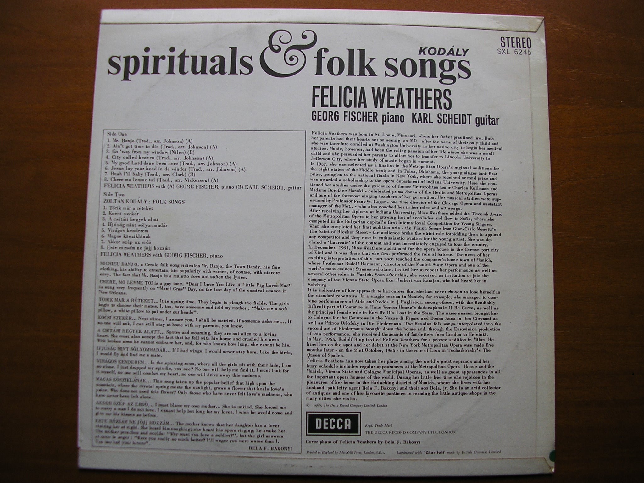SXL 6245  FELICIA WEATHERS SINGS SPIRITUALS / KODALY: FOLK SONGS    FISCHER / SCHEIDT     ED2