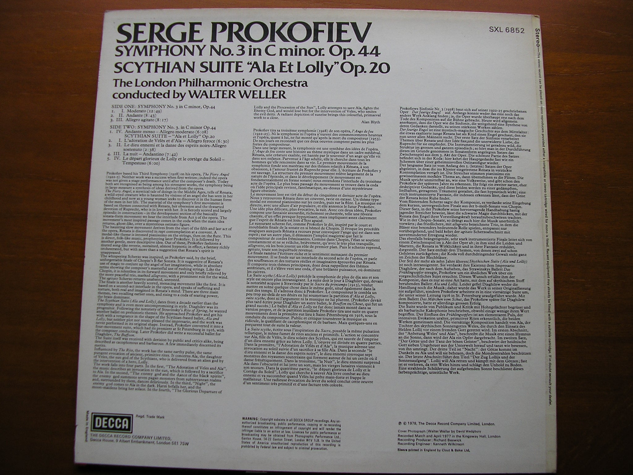 PROKOFIEV: SYMPHONY No. 3 / SCYTHIAN SUITE    WELLER / LONDON PHILHARMONIC   SXL 6852