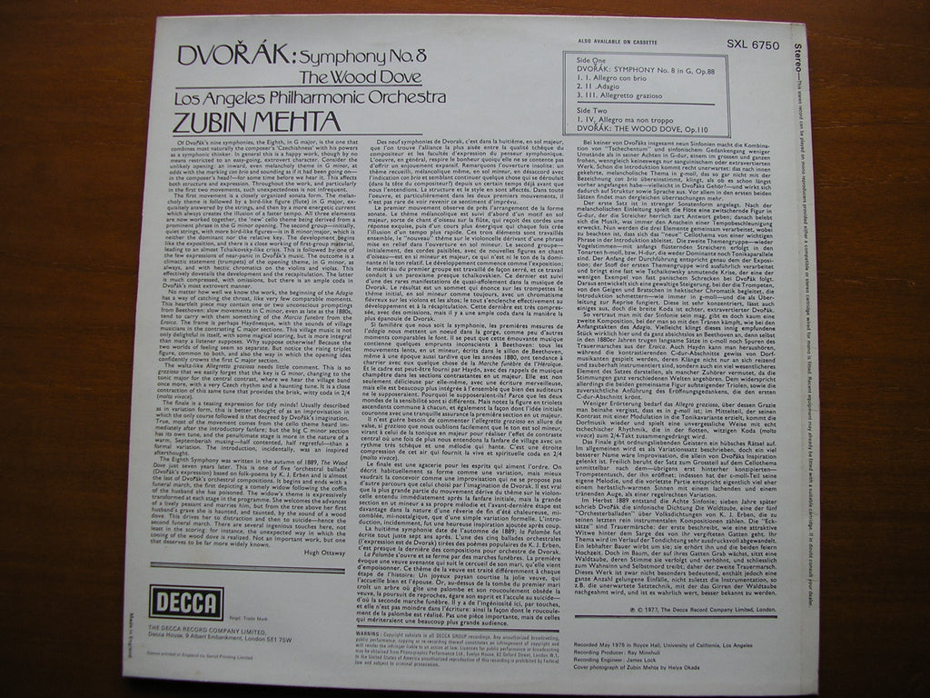 SXL 6750 DVORAK: SYMPHONY No. 8 / THE WOOD DOVE ZUBIN MEHTA / LAPO