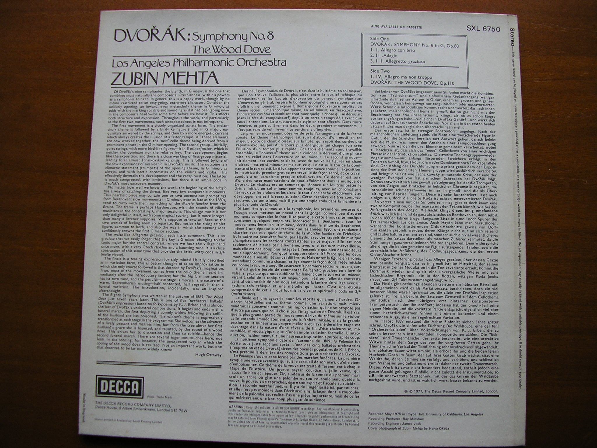 SXL 6750 DVORAK: SYMPHONY No. 8 / THE WOOD DOVE ZUBIN MEHTA / LAPO