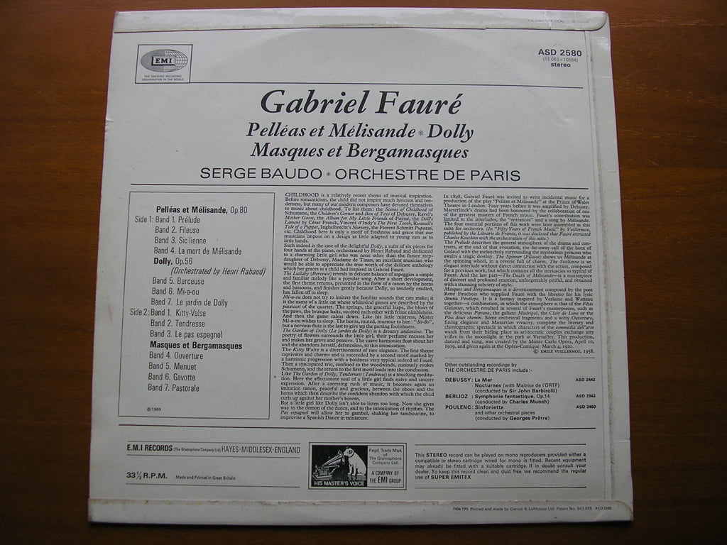 FAURE: PELLEAS & MELISANDE / MASQUES ET BERGAMASQUES / DOLLY     ORCHESTRE DE PARIS / BAUDO      ASD 2580