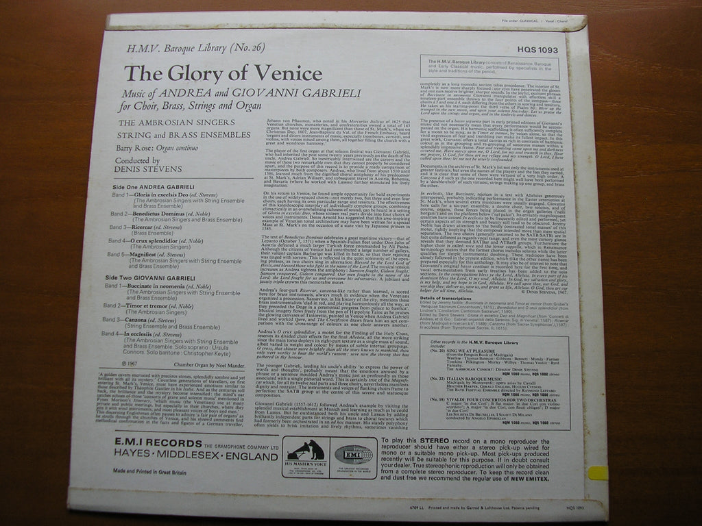 THE GLORY OF VENICE: MUSIC OF ANDREA & GIOVANNI GABRIELI      STEVENS / STRINGS & BRASS ENSEMBLES      HQS 1093