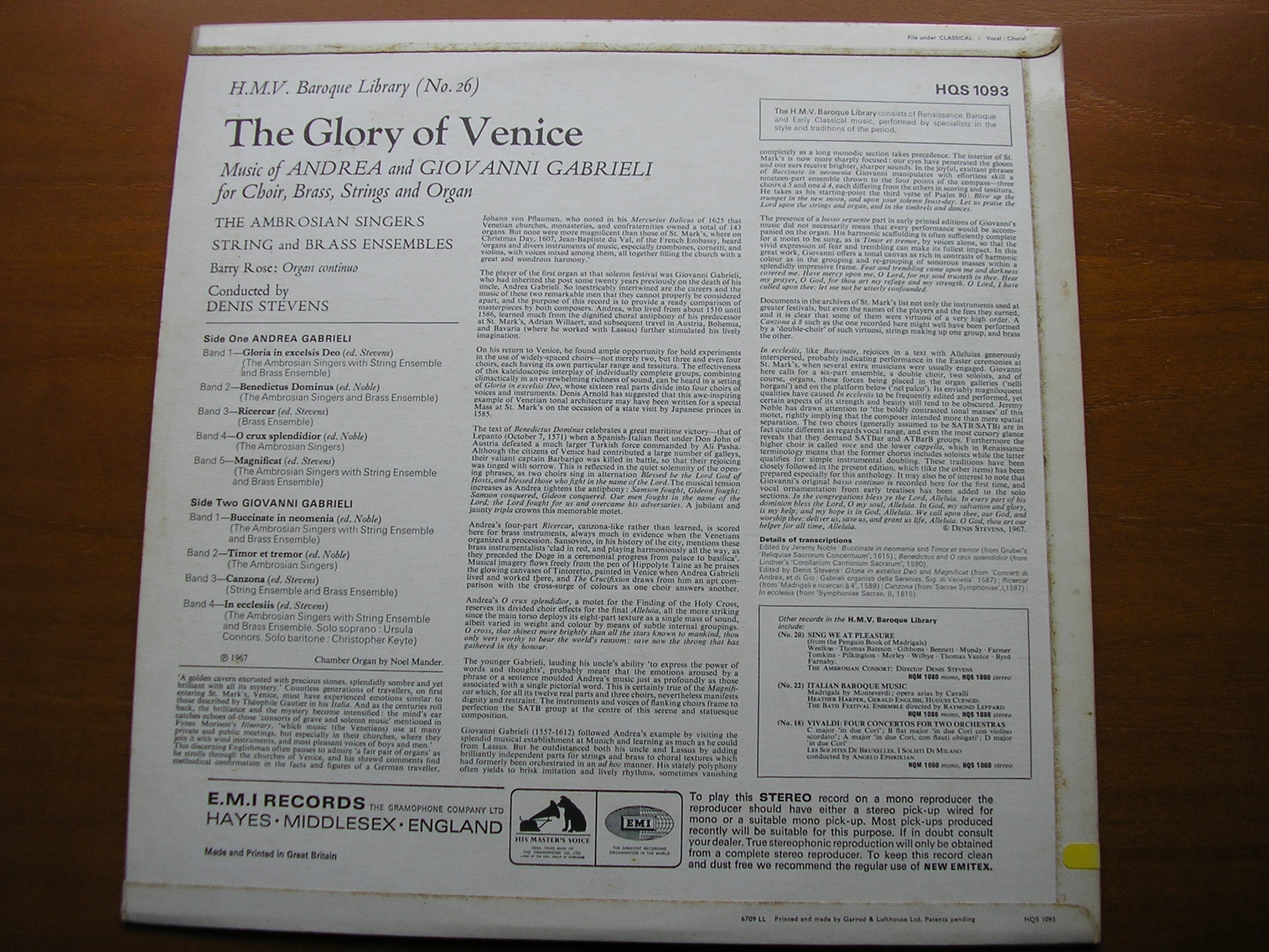 THE GLORY OF VENICE: MUSIC OF ANDREA & GIOVANNI GABRIELI      STEVENS / STRINGS & BRASS ENSEMBLES      HQS 1093