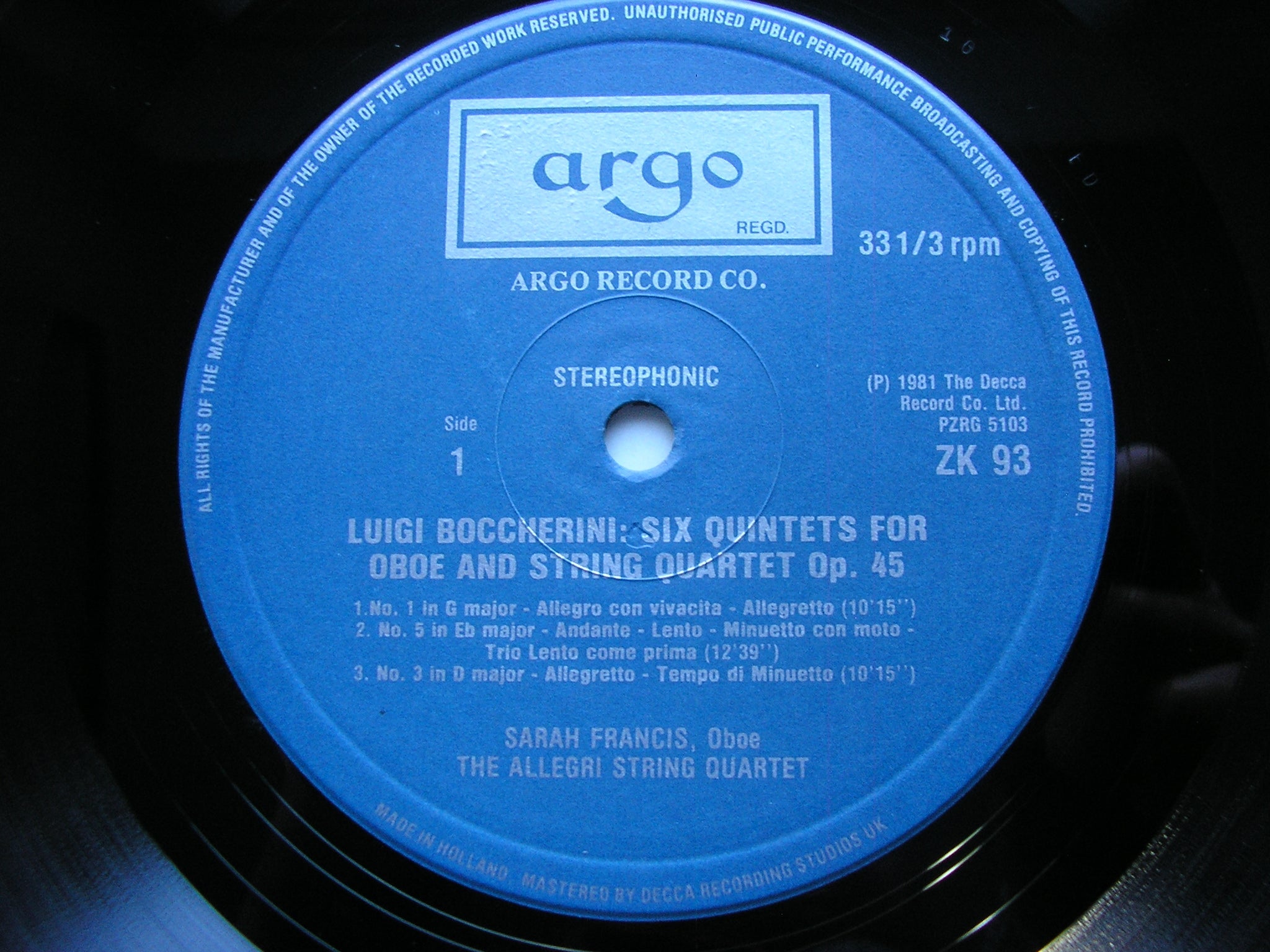 BOCCHERINI: SIX QUINTETS FOR OBOE & STRINGS     SARAH FRANCIS / THE ALLEGRI STRING QUARTET    ZK 93