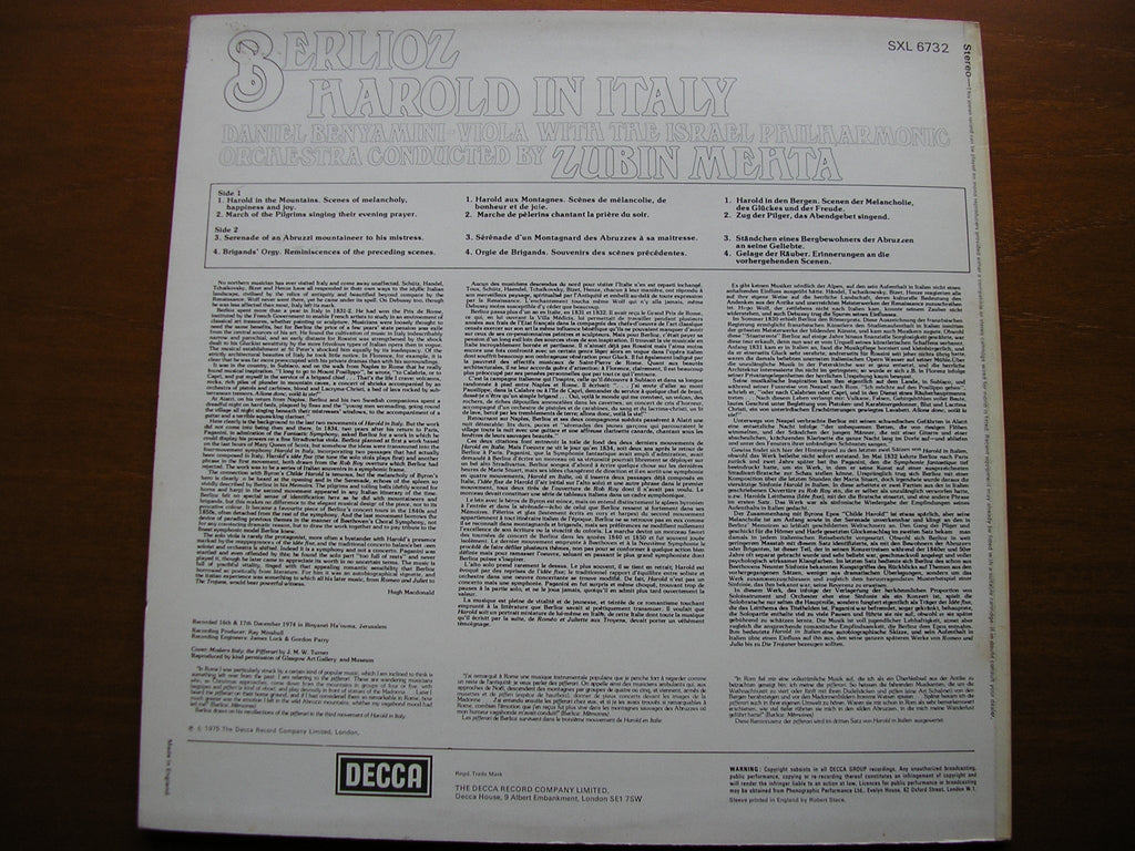 SXL 6732 BERLIOZ: HAROLD IN ITALY BENYAMINI / ISRAEL PHILHARMONIC / MEHTA