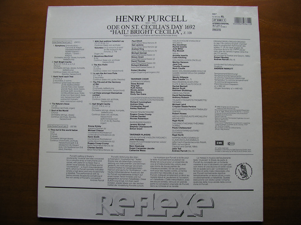 PURCELL: ODE ON SAINT CECILIA'S DAY 1692     SOLOISTS / TAVERNER CHOIR / TAVERNER PLAYERS / PARROTT    27 0361