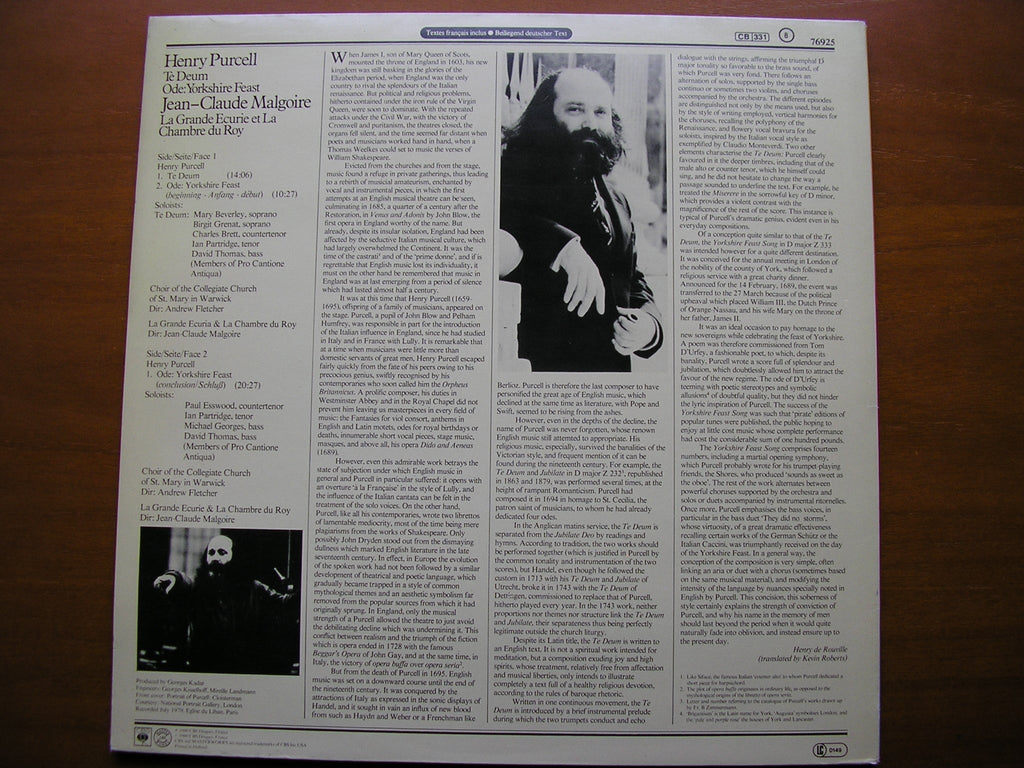 PURCELL: TE DEUM / ODE: YORKSHIRE FEAST    SOLOISTS / LA GRANDE ECURIE ET LA CHAMBRE DU ROY / MALGOIRE     76925