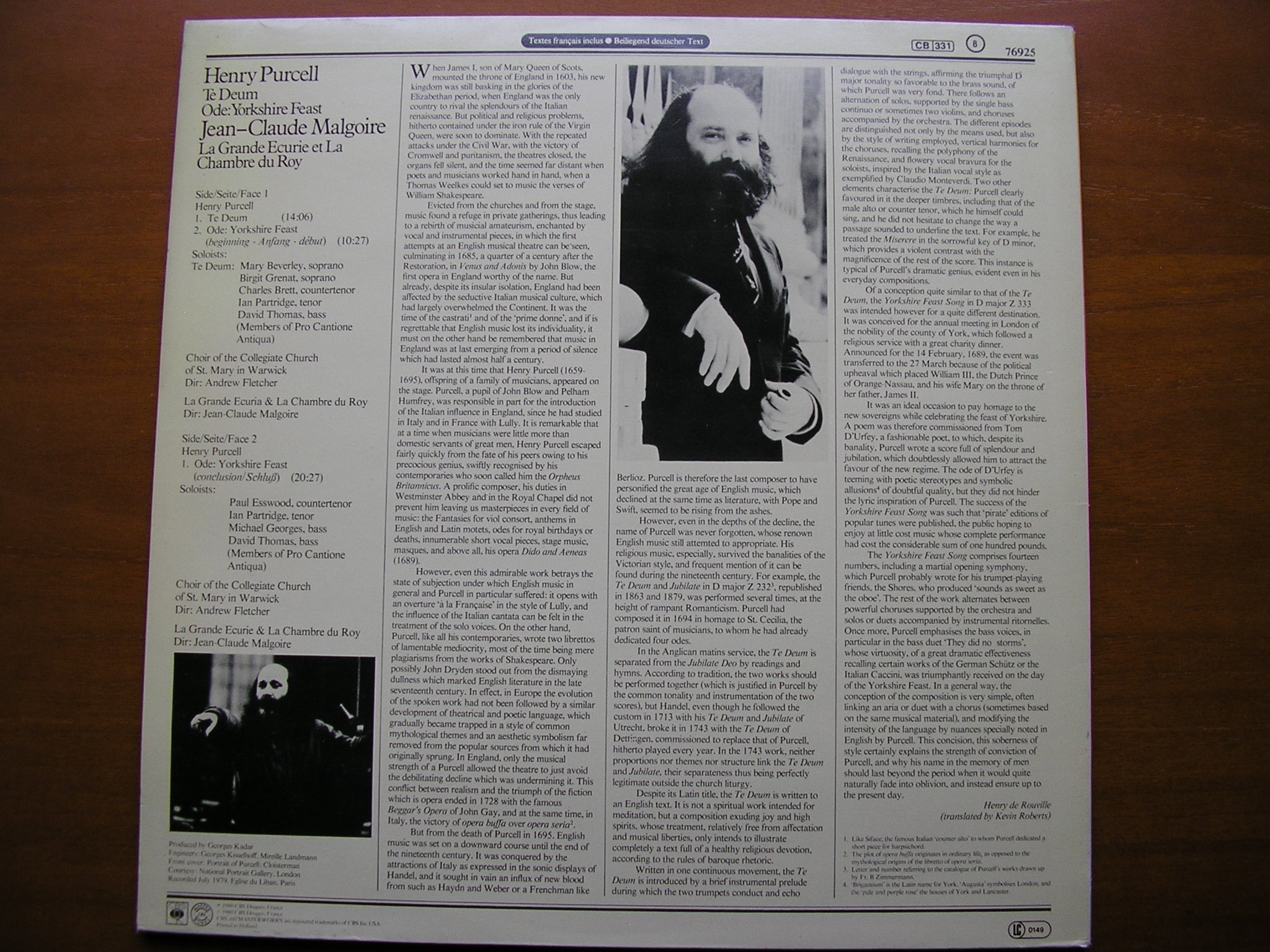 PURCELL: TE DEUM / ODE: YORKSHIRE FEAST    SOLOISTS / LA GRANDE ECURIE ET LA CHAMBRE DU ROY / MALGOIRE     76925