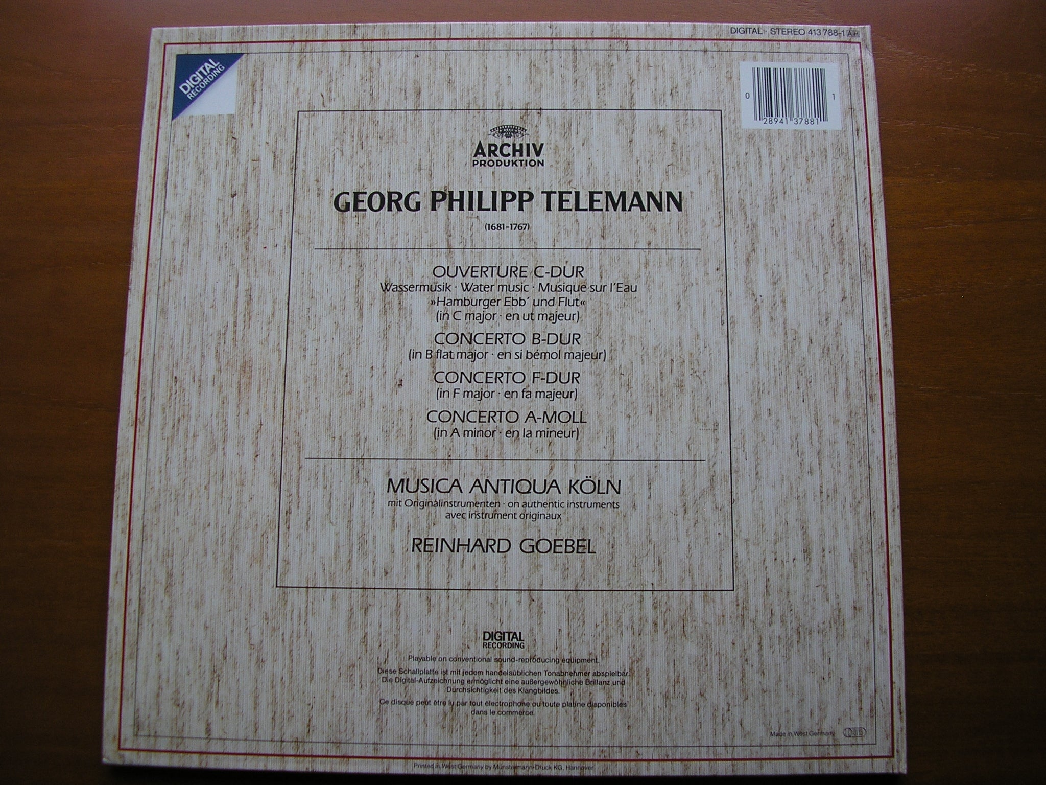 TELEMANN: WASSERMUSIK / THREE CONCERTOS      MUSICA ANTIQUA COLOGNE / REINHARD GOEBEL      413 788