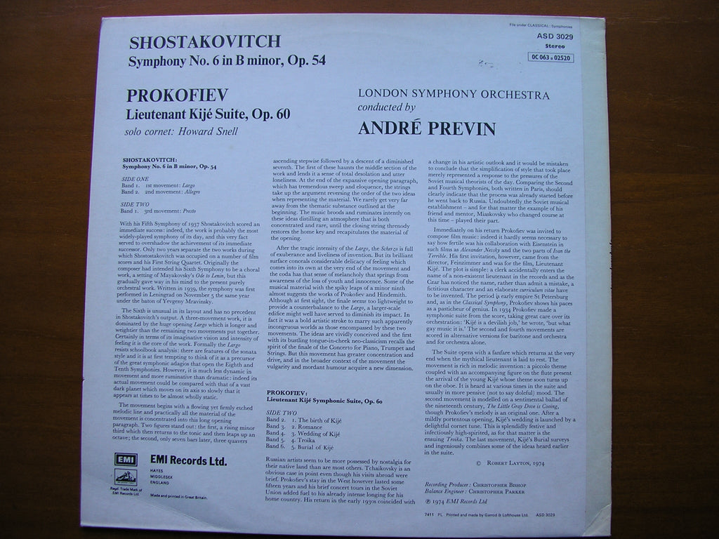 SHOSTAKOVICH: SYMPHONY No. 6 / PROKOFIEV: LIEUTENANT KIJE     PREVIN / LONDON SYMPHONY     ASD 3029
