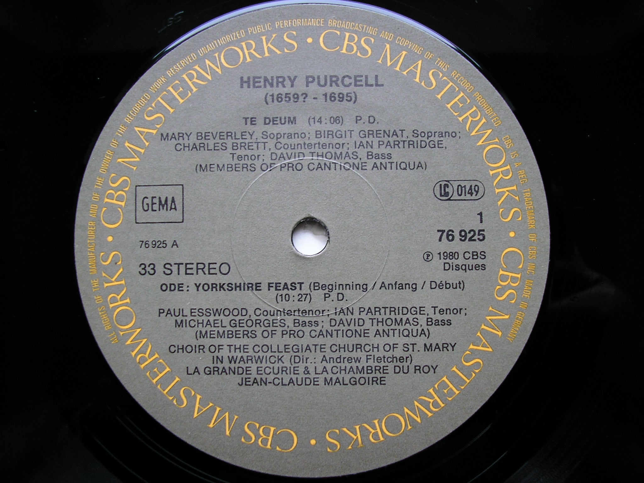 PURCELL: TE DEUM / ODE: YORKSHIRE FEAST    SOLOISTS / LA GRANDE ECURIE ET LA CHAMBRE DU ROY / MALGOIRE     76925