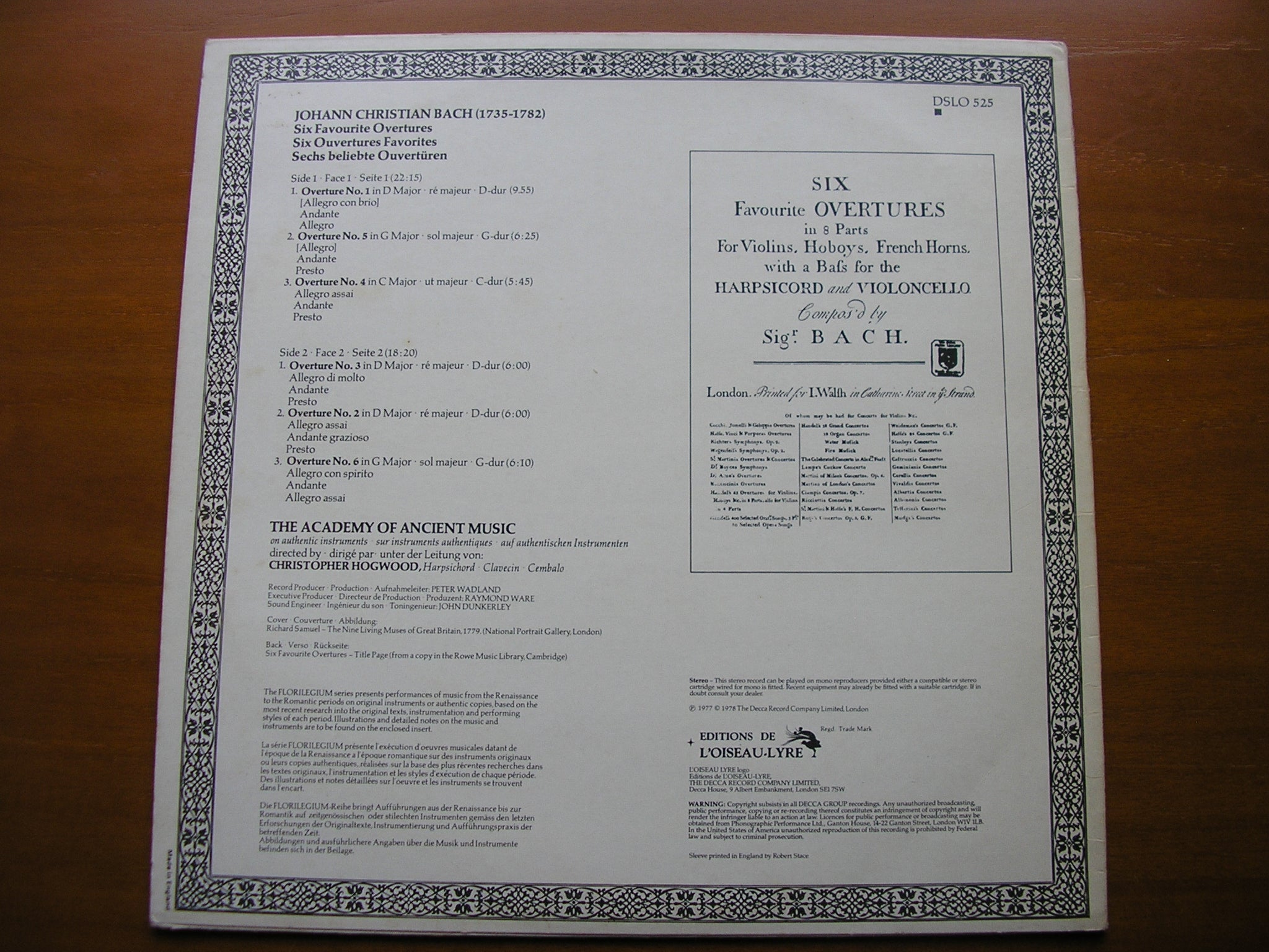 BACH, JOHANN CHRISTIAN: SIX FAVOURITE OVERTURES     HOGWOOD / ACADEMY OF ANCIENT MUSIC     DSLO 525