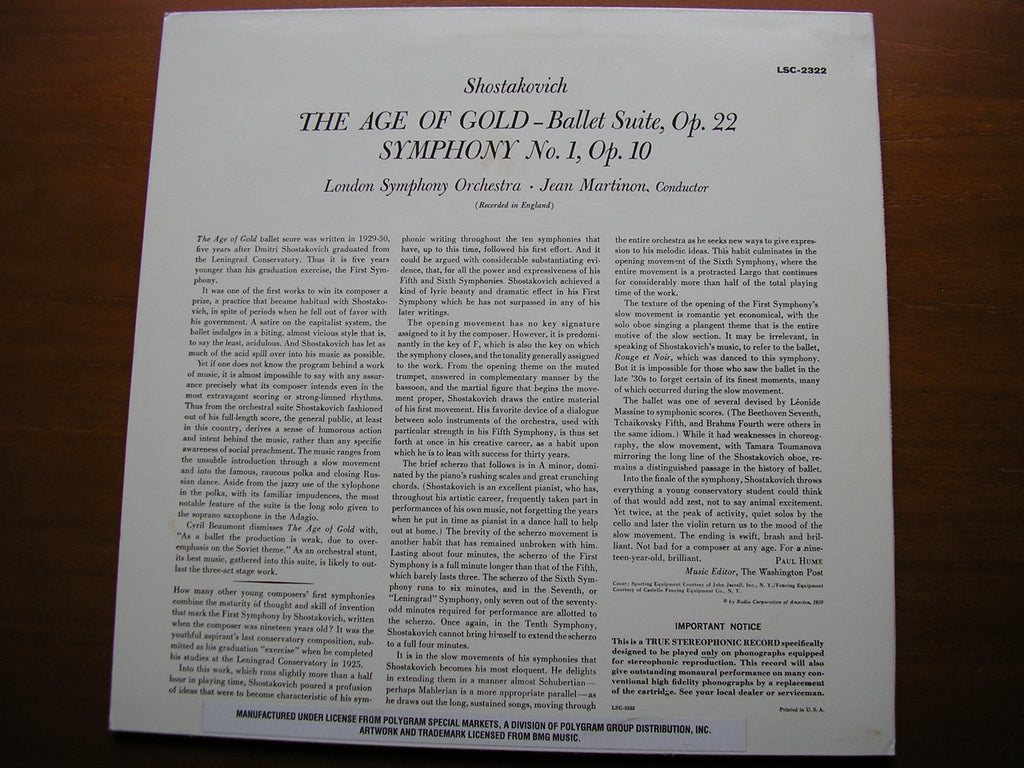 SHOSTAKOVICH: SYMPHONY No. 1 / THE AGE OF GOLD    MARTINON / LONDON SYMPHONY    LSC 2322