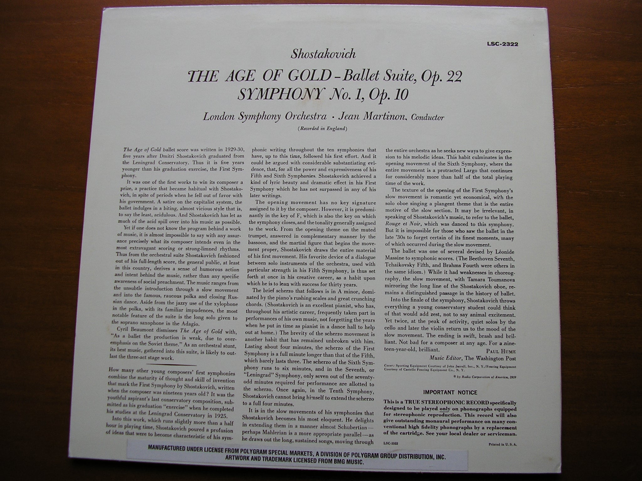SHOSTAKOVICH: SYMPHONY No. 1 / THE AGE OF GOLD    MARTINON / LONDON SYMPHONY    LSC 2322