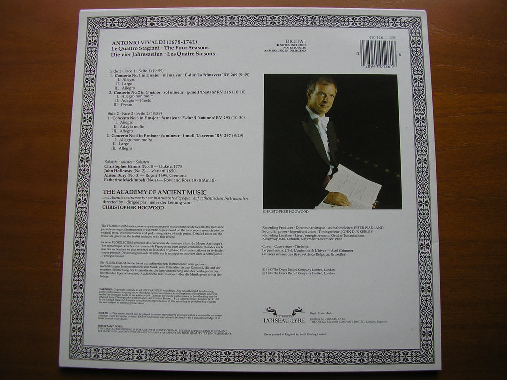 VIVALDI: THE FOUR SEASONS      THE ACADEMY OF ANCIENT MUSIC / HOGWOOD      410 126
