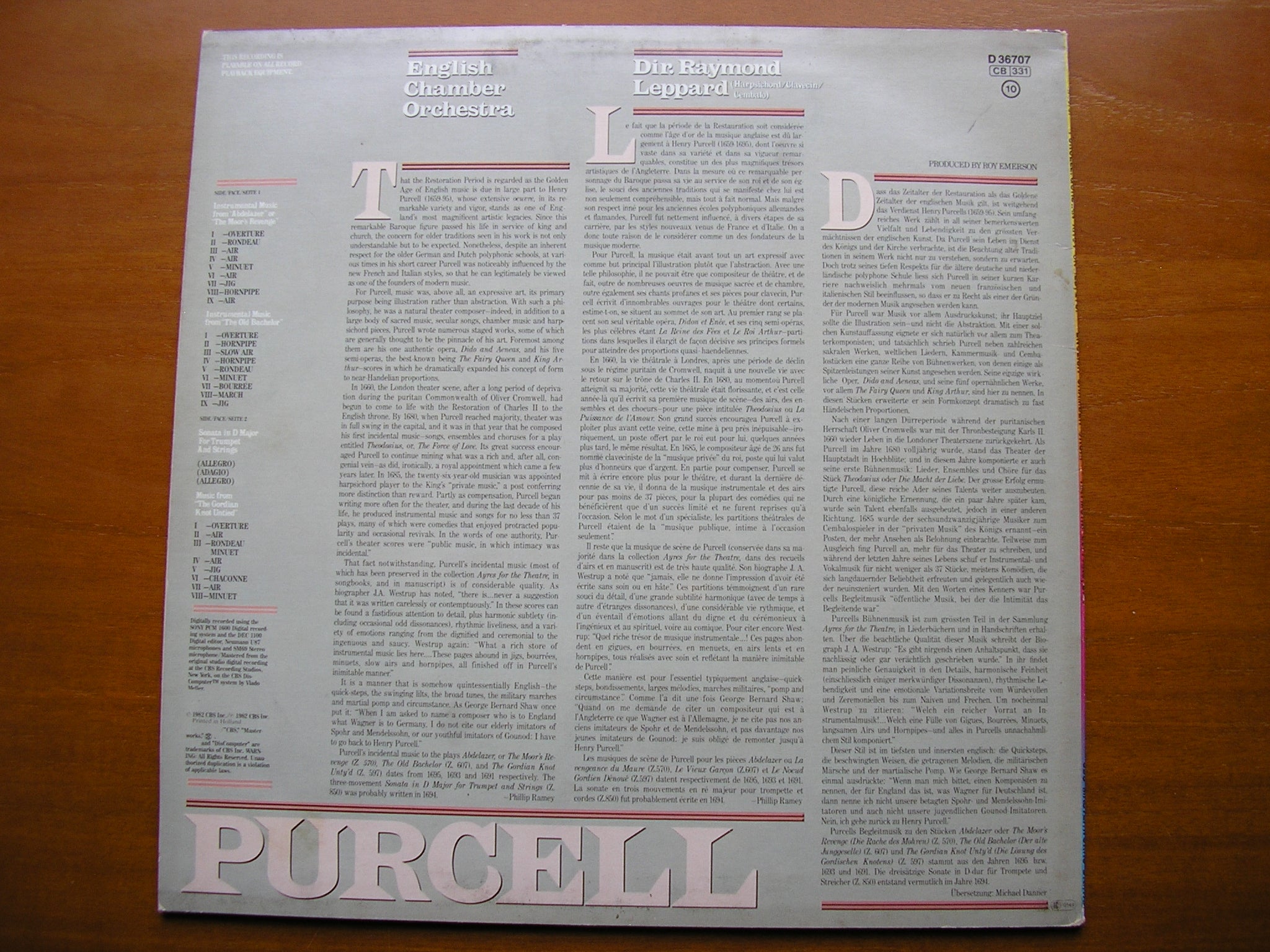 PURCELL: MUSIC FOR THE THEATRE / SONATA FOR TRUMPET & STRINGS     LEPPARD / ENGLISH CHAMBER ORCHESTRA     D 36707