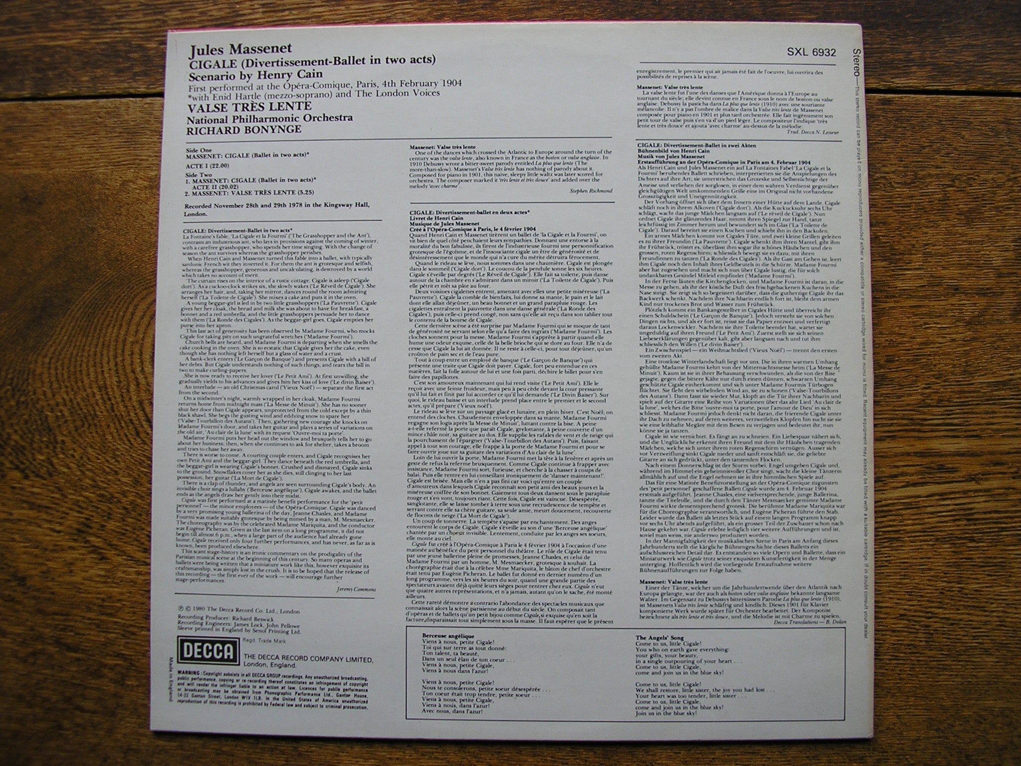MASSENET: CIGALE / VALSE LENTE        BONYNGE / NATIONAL PHILHARMONIC    SXL 6932