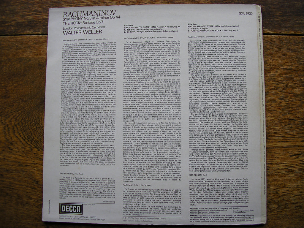 RACHMANINOV: SYMPHONY No. 3 / THE ROCK      WELLER / LONDON PHILHARMONIC    SXL 6720