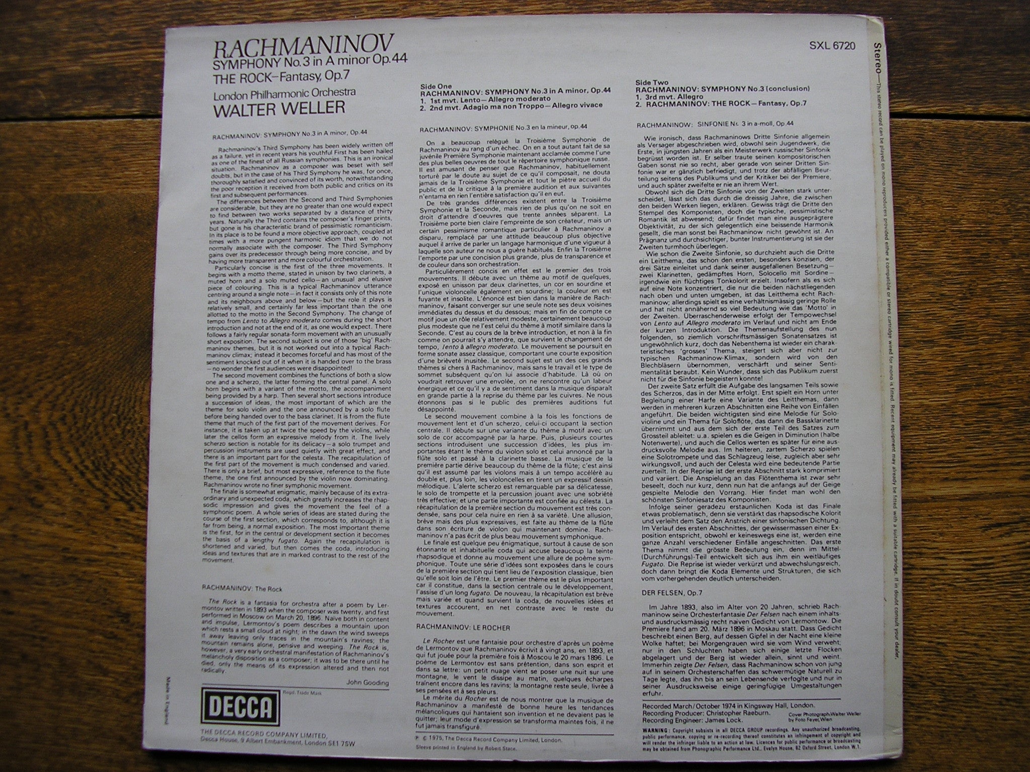 RACHMANINOV: SYMPHONY No. 3 / THE ROCK      WELLER / LONDON PHILHARMONIC    SXL 6720