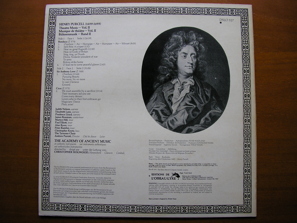 PURCELL: MUSIC FOR THE THEATRE  Volume 2      ACADEMY OF ANCIENT MUSIC / HOGWOOD     DSLO 527