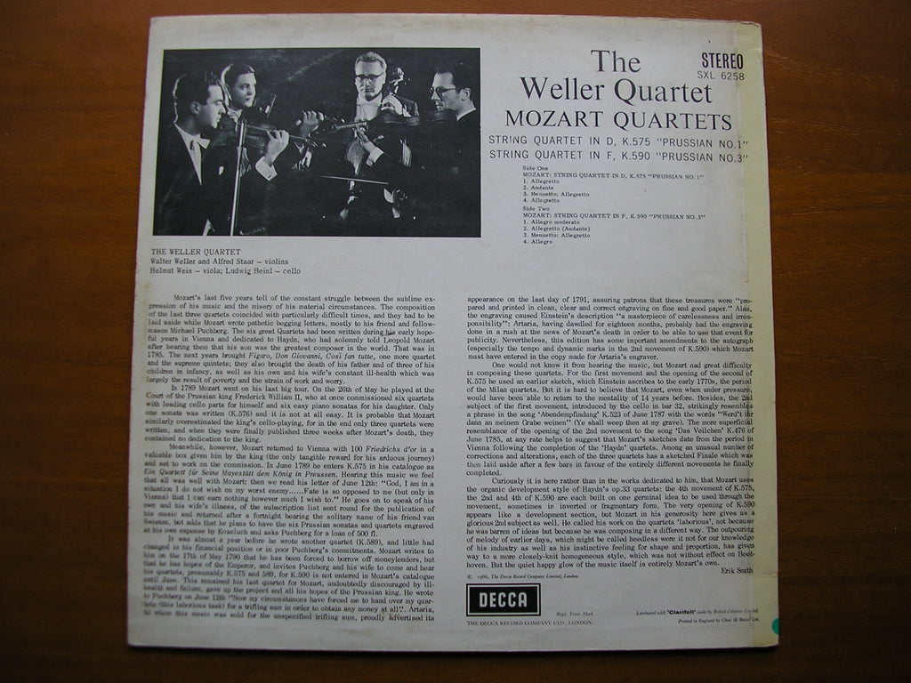 SXL 6258  MOZART: STRING QUARTETS  K575 & K590      THE WELLER QUARTET     ED2