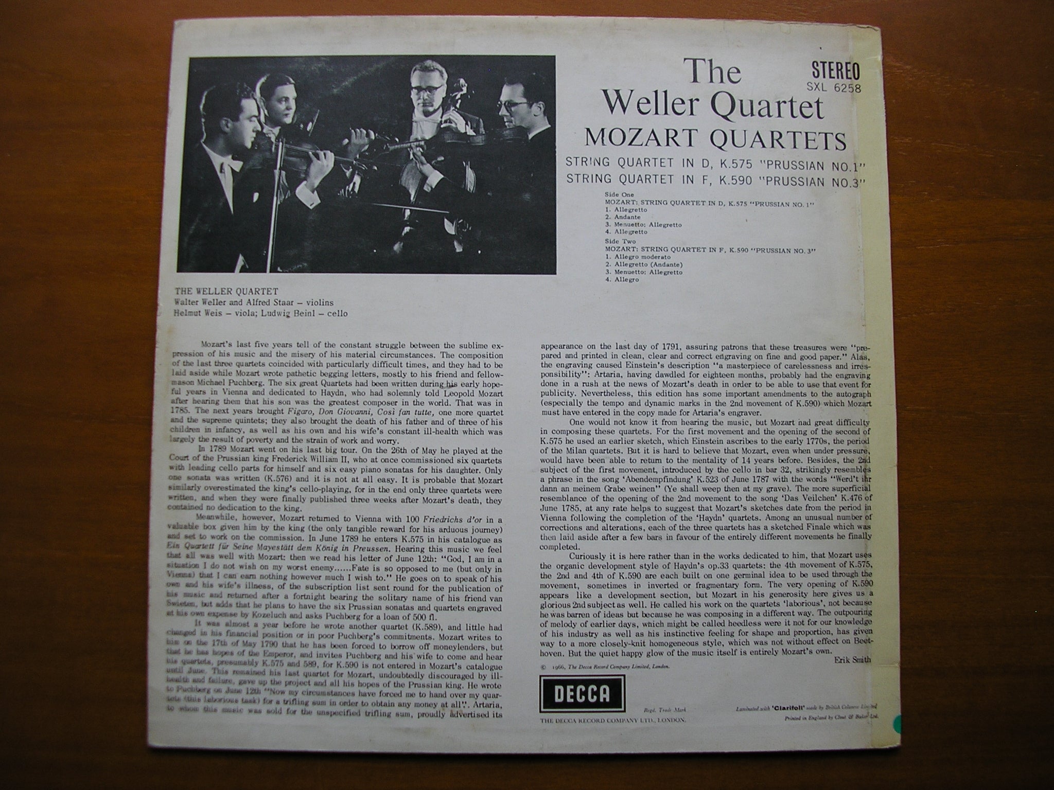 SXL 6258  MOZART: STRING QUARTETS  K575 & K590      THE WELLER QUARTET     ED2