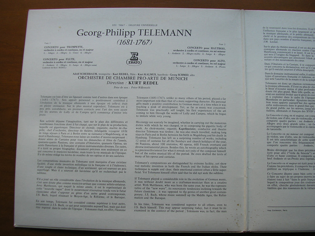 TELEMANN: FOUR CONCERTOS     PRO ARTE ORCHESTRA MUNICH / REDEL    STU 70067