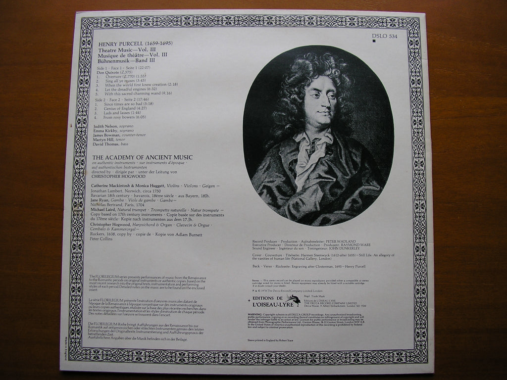 PURCELL: MUSIC FOR THE THEATRE  Volume 3      ACADEMY OF ANCIENT MUSIC / HOGWOOD     DSLO 534