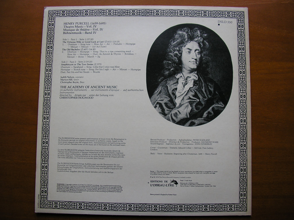 PURCELL: MUSIC FOR THE THEATRE  Volume 1   ACADEMY OF ANCIENT MUSIC / HOGWOOD    DSLO 504