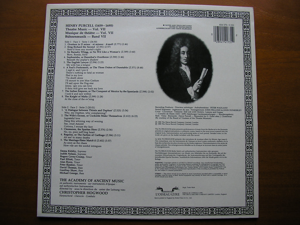 PURCELL: MUSIC FOR THE THEATRE  Volume 7      ACADEMY OF ANCIENT MUSIC / HOGWOOD     414 173