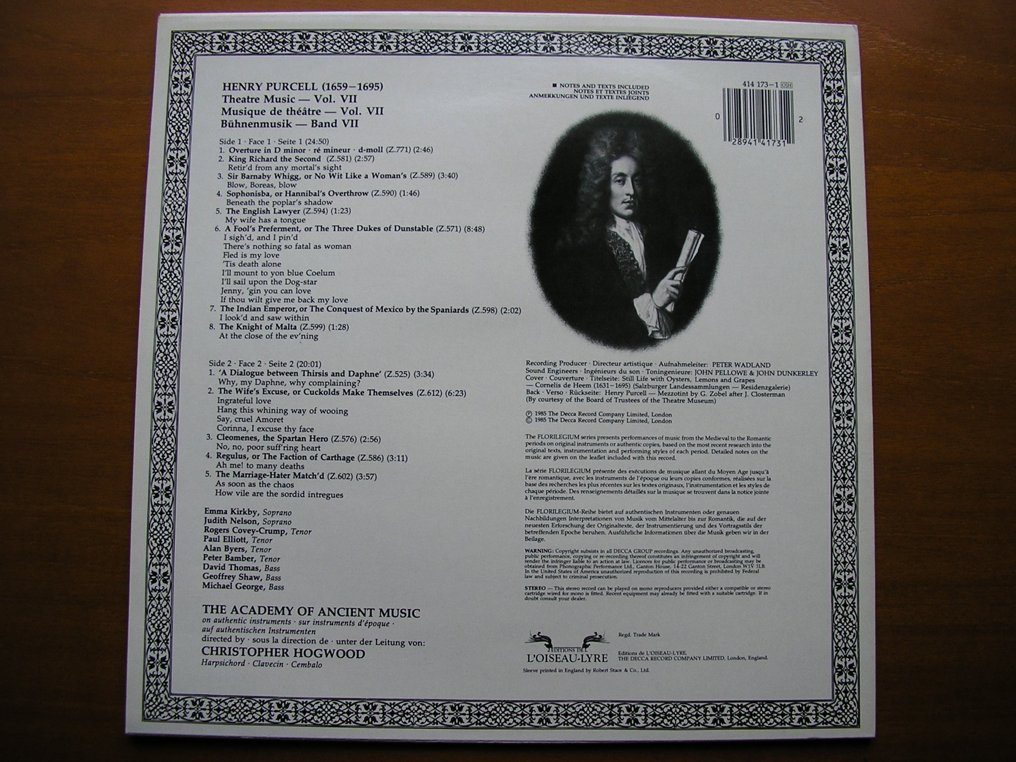 PURCELL: MUSIC FOR THE THEATRE  Volume 7      ACADEMY OF ANCIENT MUSIC / HOGWOOD     414 173