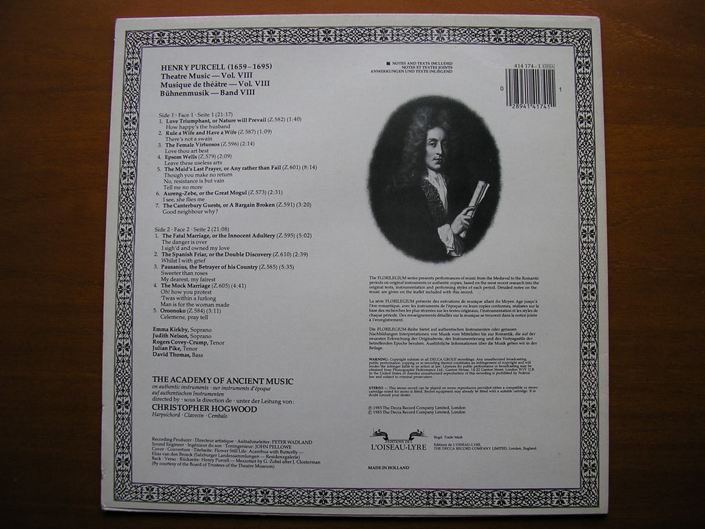 PURCELL: MUSIC FOR THE THEATRE  Volume 8      ACADEMY OF ANCIENT MUSIC / HOGWOOD    414 174