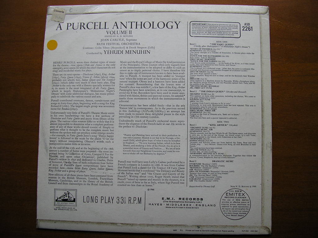 PURCELL: MUSIC FOR THE THEATRE    CARLYLE / BATH FESTIVAL ORCHESTRA / MENUHIN     ASD 2261