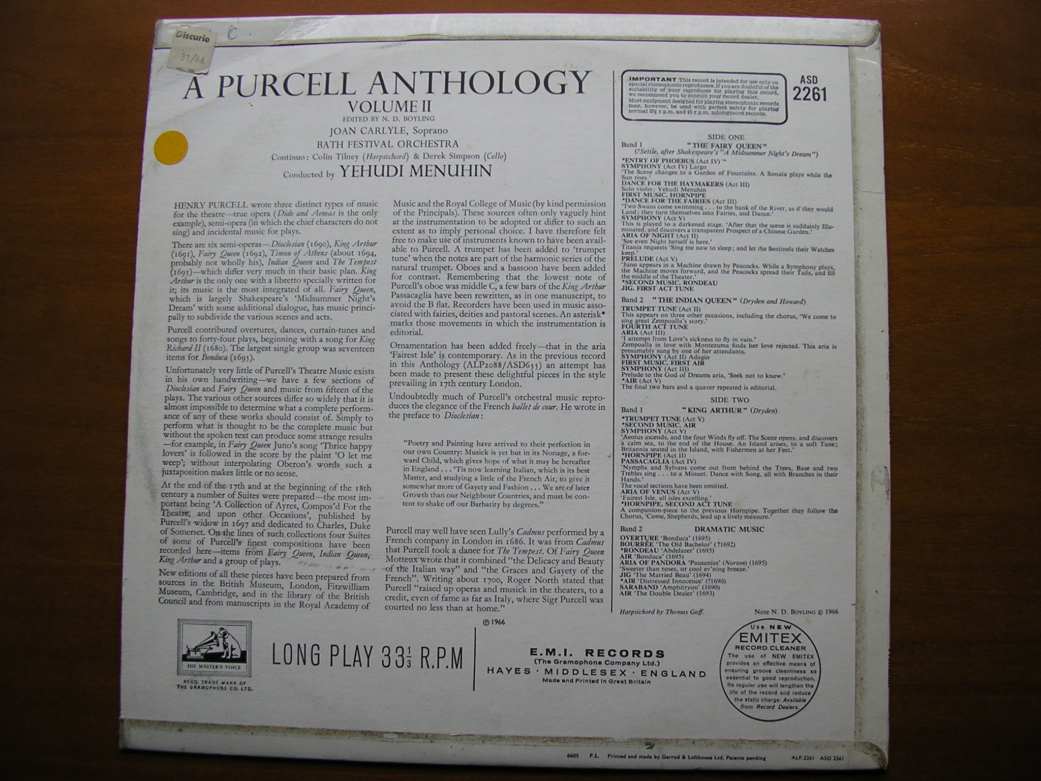 PURCELL: MUSIC FOR THE THEATRE    CARLYLE / BATH FESTIVAL ORCHESTRA / MENUHIN     ASD 2261