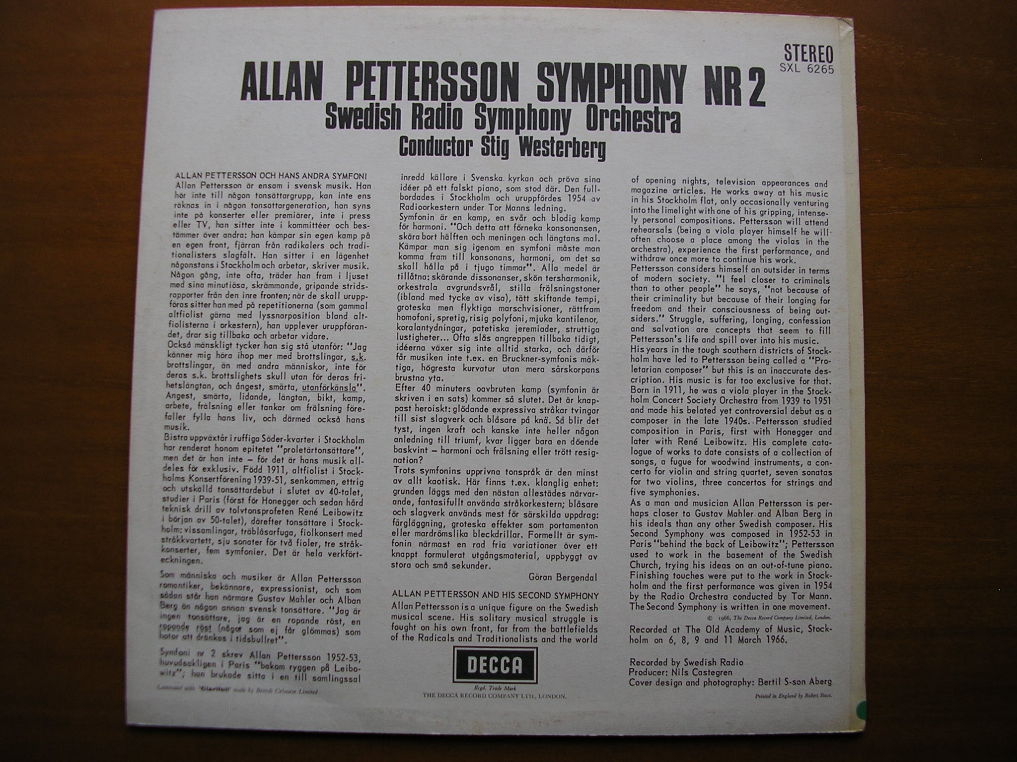 SXL 6265  PETTERSSON: SYMPHONY No. 6     WESTERBERG / SWEDISH RADIO ORCHESTRA     ED2